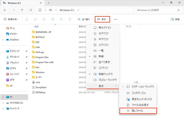 windows11 エクスプローラー 隠しファイル